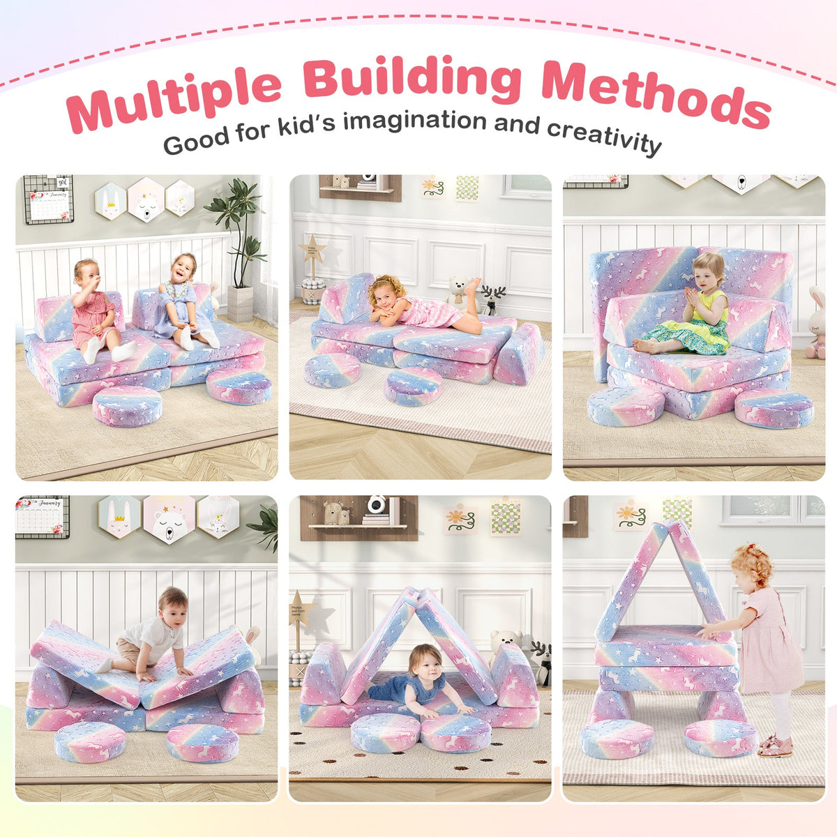 Modular Kids Play Couch Set Glow in the Dark with Portable Handles-Color
