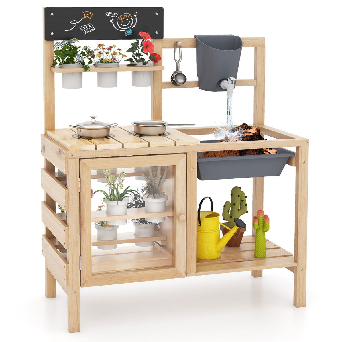 Mud Kitchen Playset with Sink and Plants Observation Room-Natural