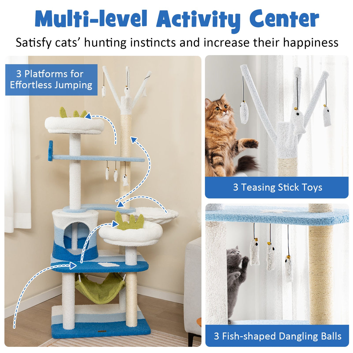 Multi-level Cat Tower with Sisal Covered Scratching Posts-Blue