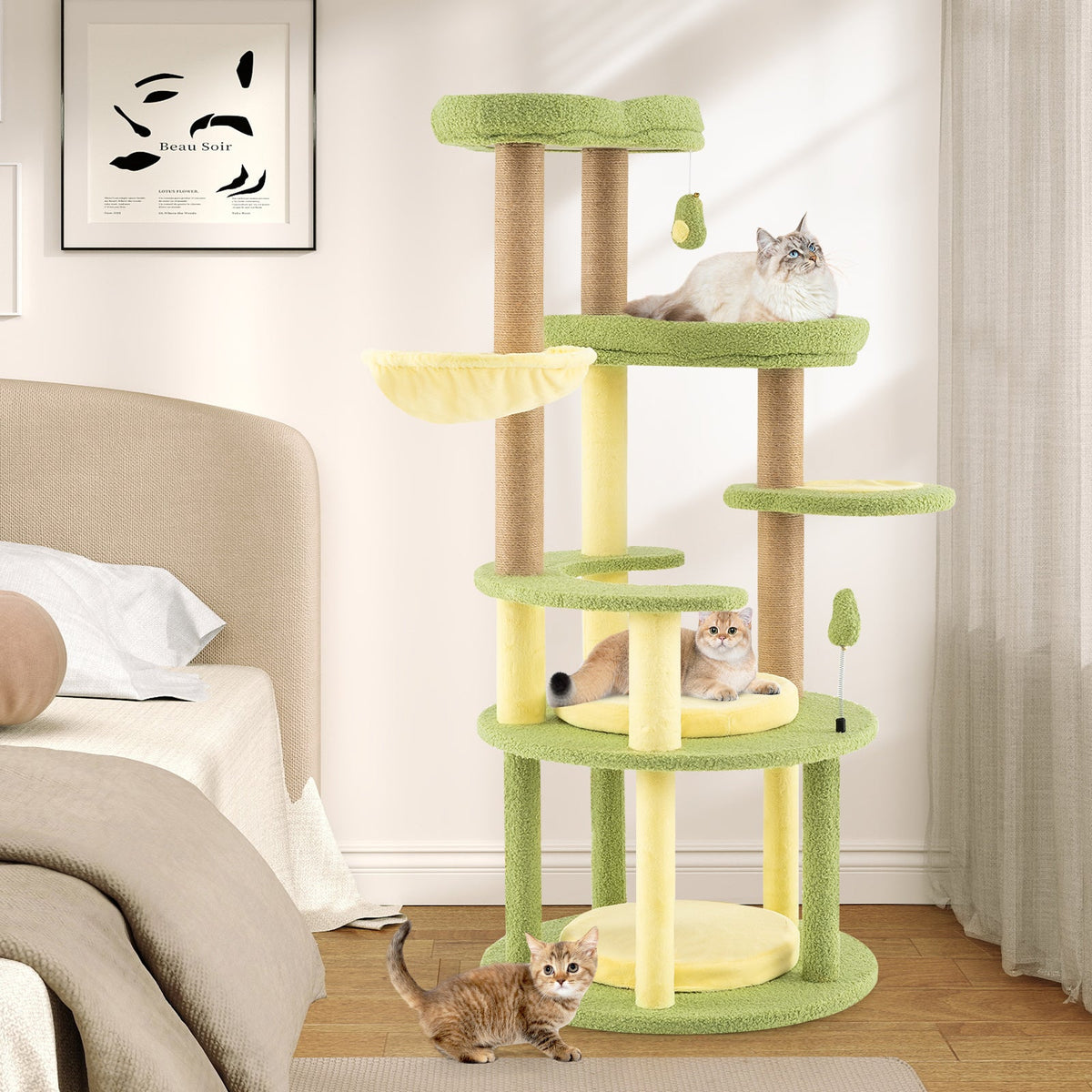 Multi-level Cat Tree Avocado Theme Cat Tower with Wide Perch Rotatable Basket-Green
