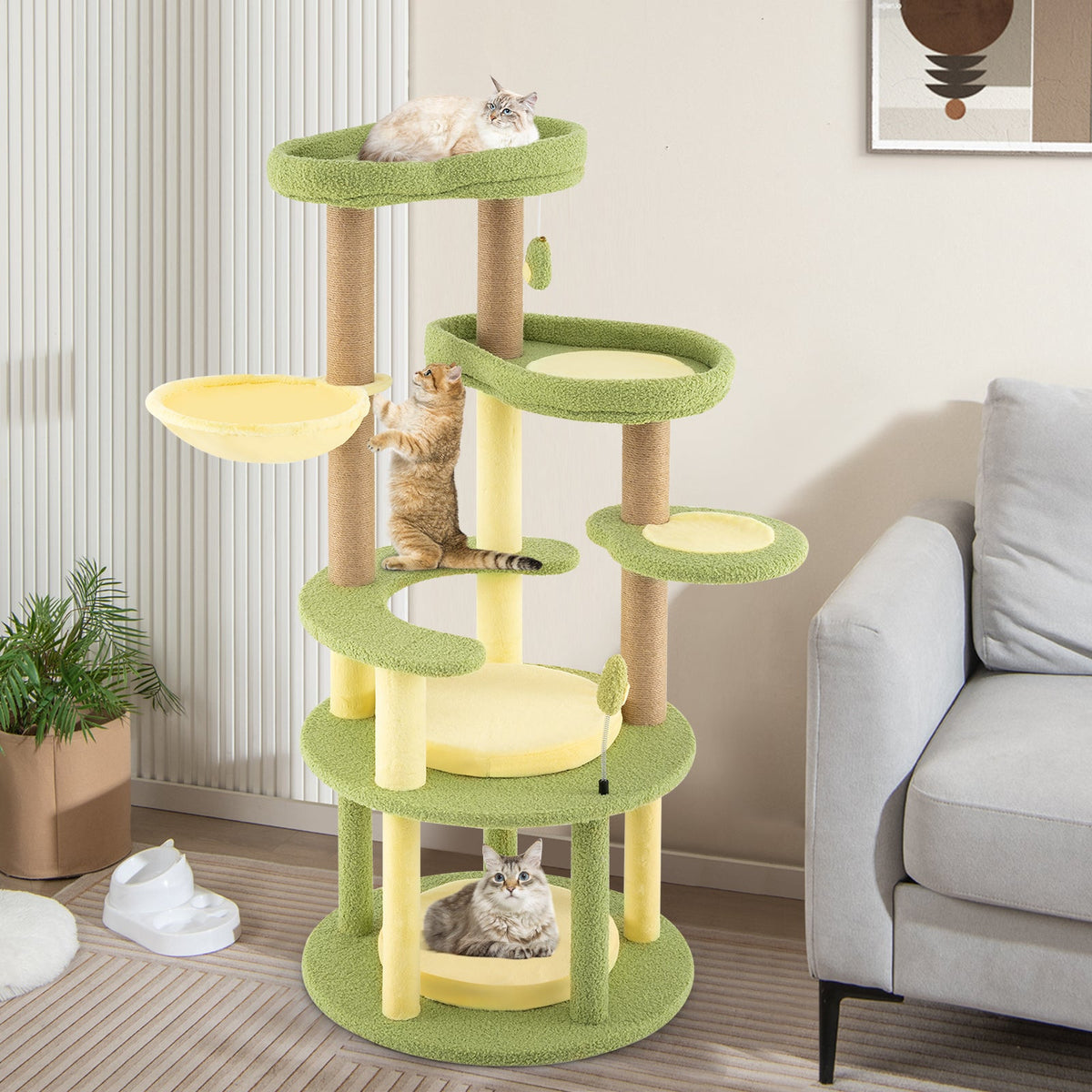 Multi-level Cat Tree Avocado Theme Cat Tower with Wide Perch Rotatable Basket-Green