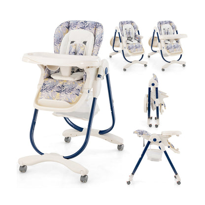 Multifunctional Folding Baby High Chair with Rolling Wheels and Adjustable Height
