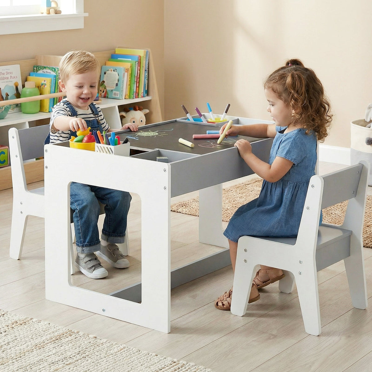 Multifunctional Kids Table and 2 Chairs Set with Chalkboard