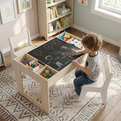 Multifunctional Kids Table and 2 Chairs Set with Chalkboard