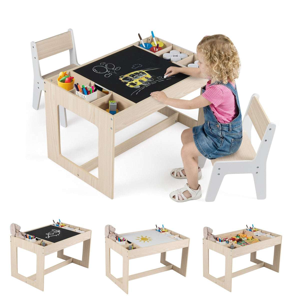 Multifunctional Kids Table and 2 Chairs Set with Chalkboard