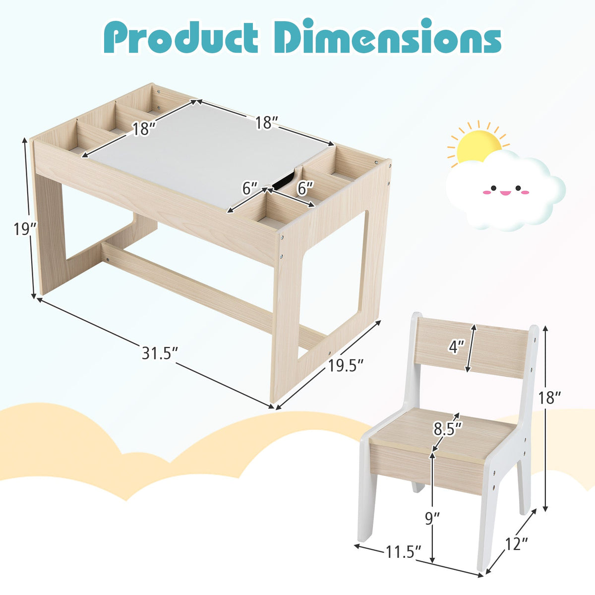 Multifunctional Kids Table and 2 Chairs Set with Chalkboard