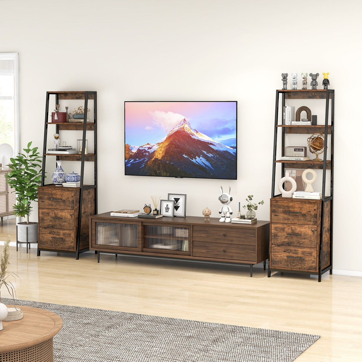 Multifunctional Tall Bookcase with Open Shelves and Storage Drawers