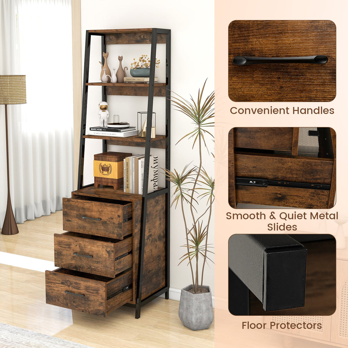 Multifunctional Tall Bookcase with Open Shelves and Storage Drawers