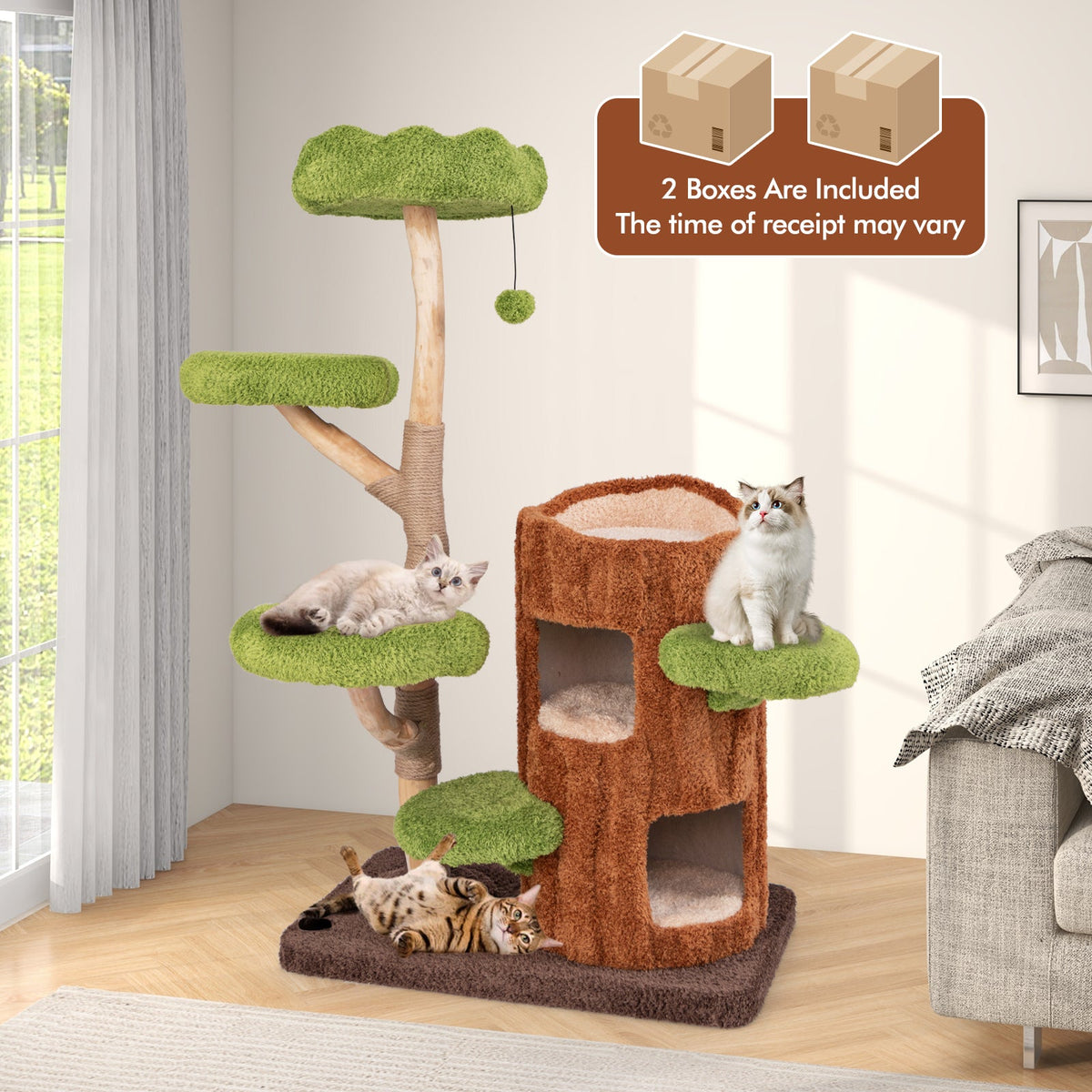 Multi-level Cat Tree with Double Decker Cat House and Sisal Panel-Brown