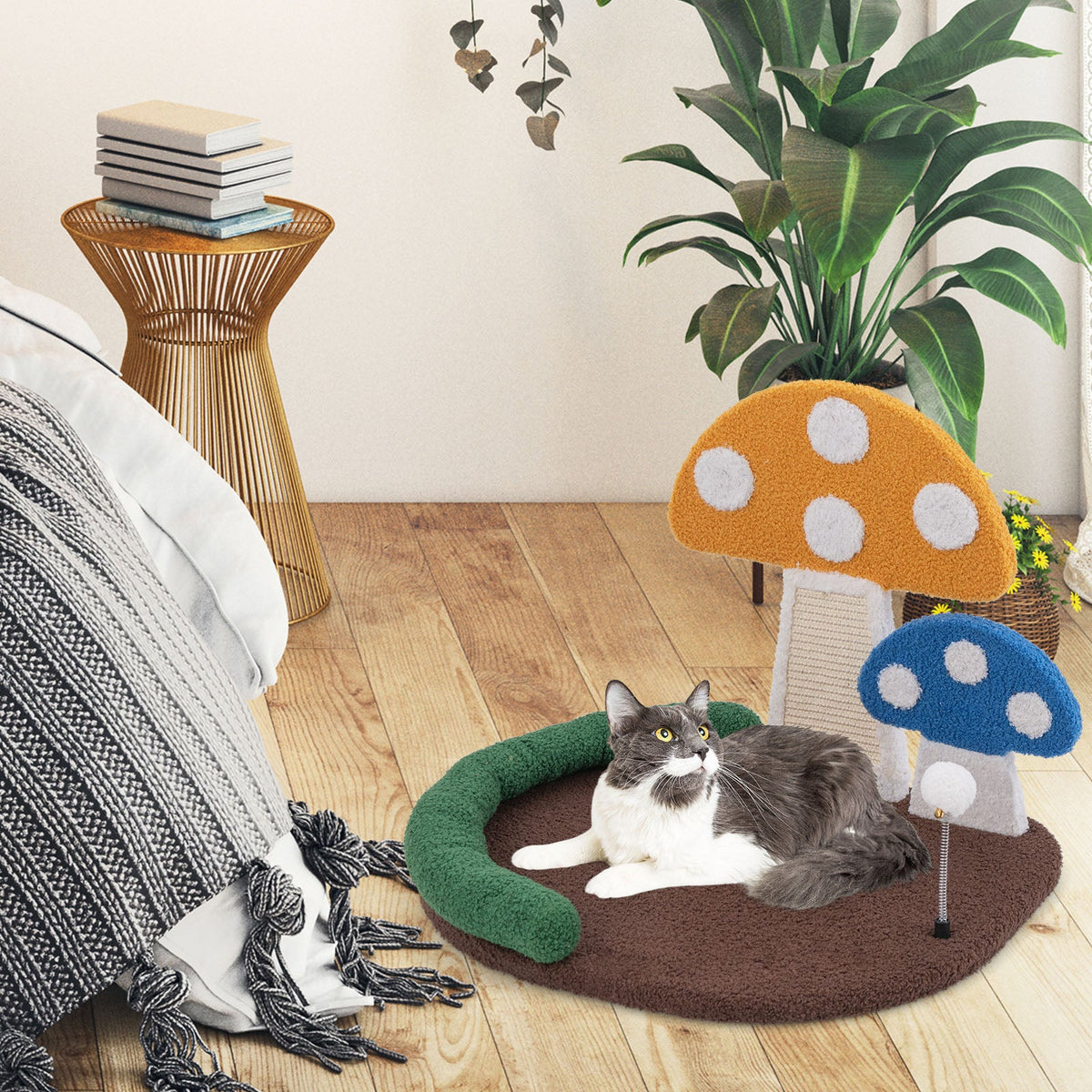 Mushroom Cat Bed Cat Claw Scratcher with Wide Bed and Sisal Scratch Panel-Multicolor