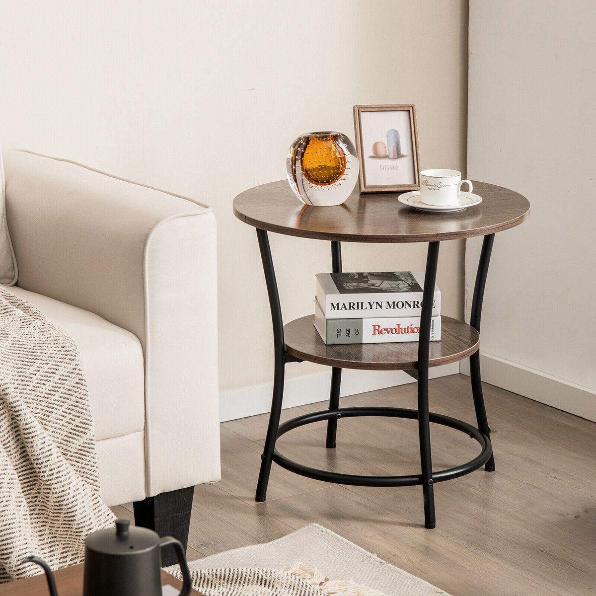 2-Tier Round End Table with Open Storage Shelf and Sturdy Metal Frame