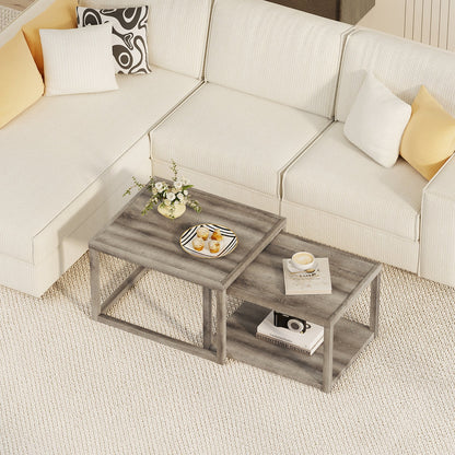 Nesting Coffee Table Set of 2 Stackable Rectangular End Tables-Gray