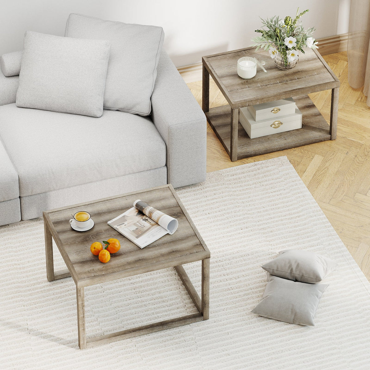 Nesting Coffee Table Set of 2 Stackable Rectangular End Tables-Gray