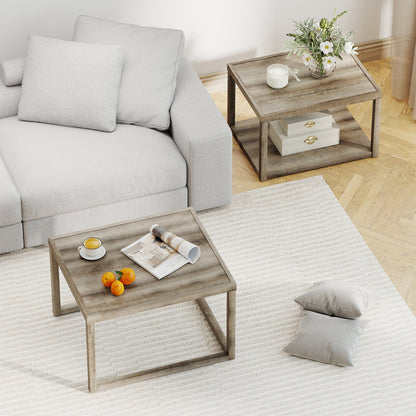 Nesting Coffee Table Set of 2 Stackable Rectangular End Tables-Gray