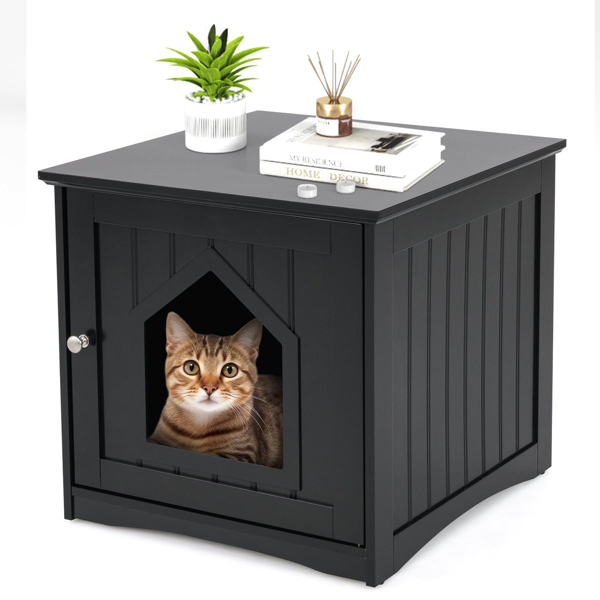 Sidetable Nightstand Weatherproof Multi-function Cat House-Black