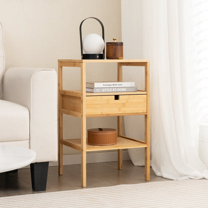 Bamboo Nightstand with Storage Drawer and Slatted Shelf