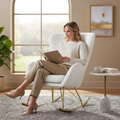 Nursery Rocking Chair with Curved Backrest and Armrests-White
