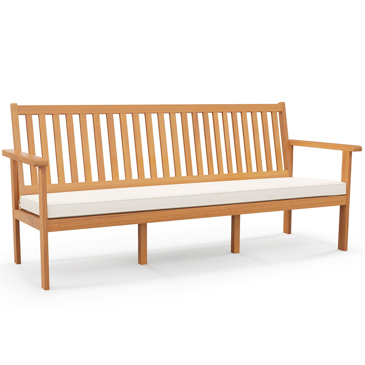 Outdoor 3-Seat Wood Bench with Seat Cushion and Slatted Seat-White