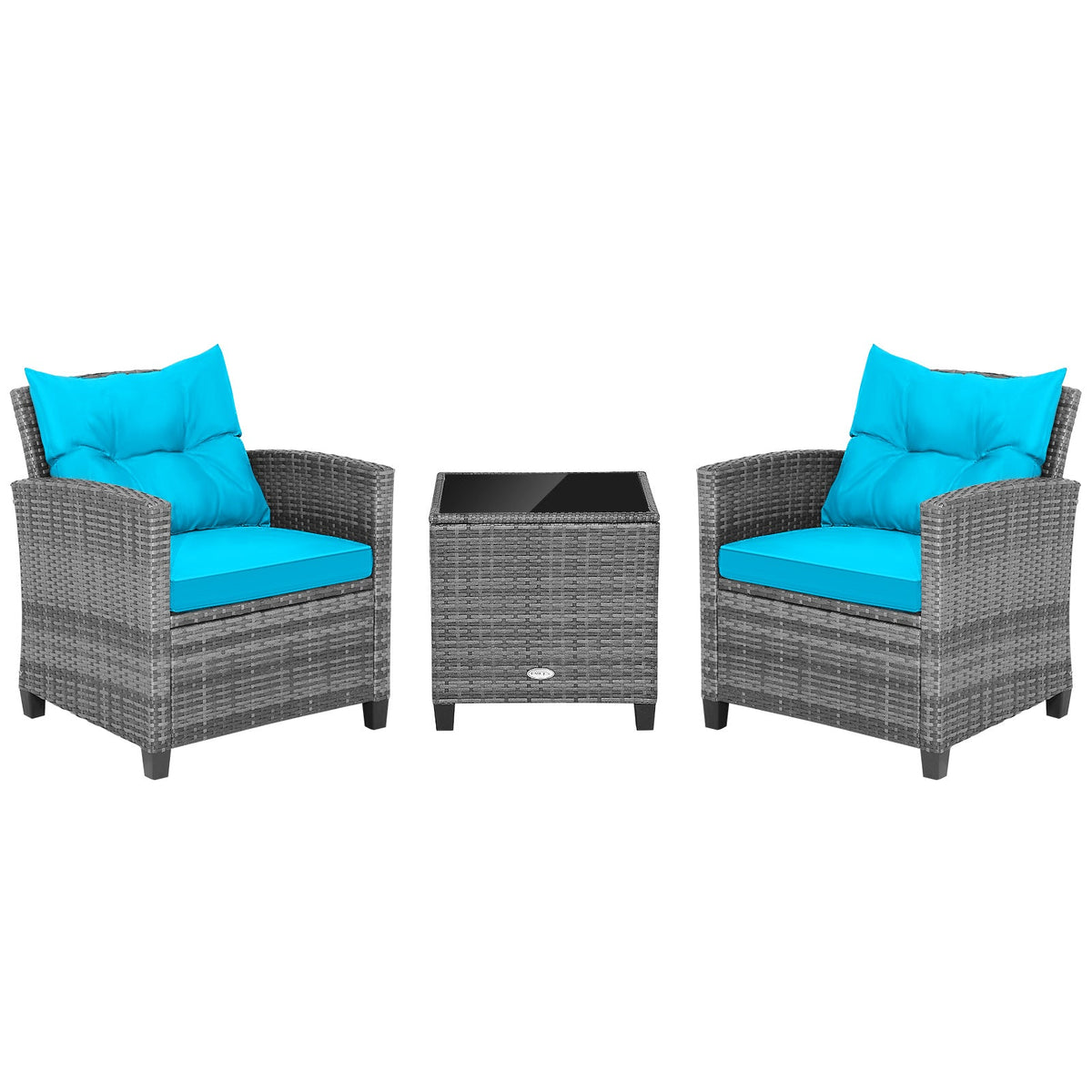 3 Pieces Outdoor Wicker Conversation Set with Tempered Glass Tabletop