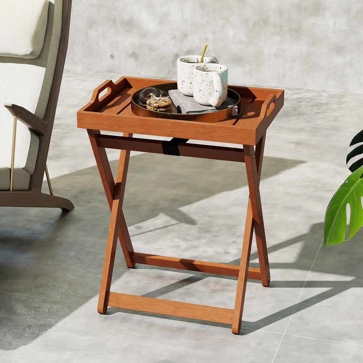 Outdoor Wood Tray Table Portable Side End Table with Folding Frame