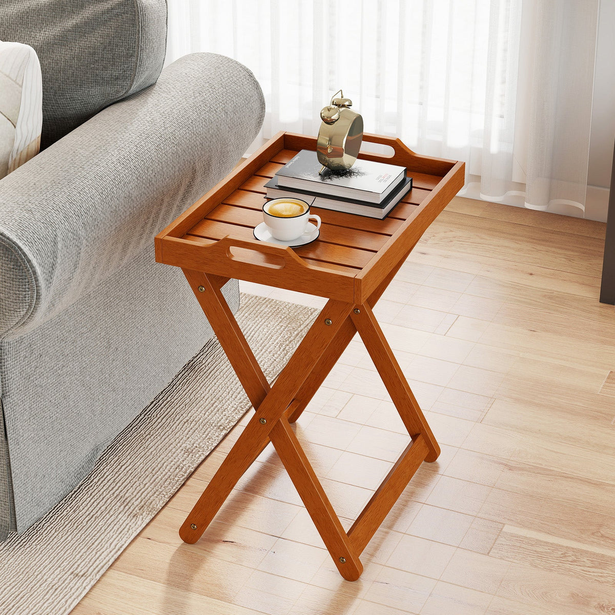 Outdoor Wood Tray Table Portable Side End Table with Folding Frame