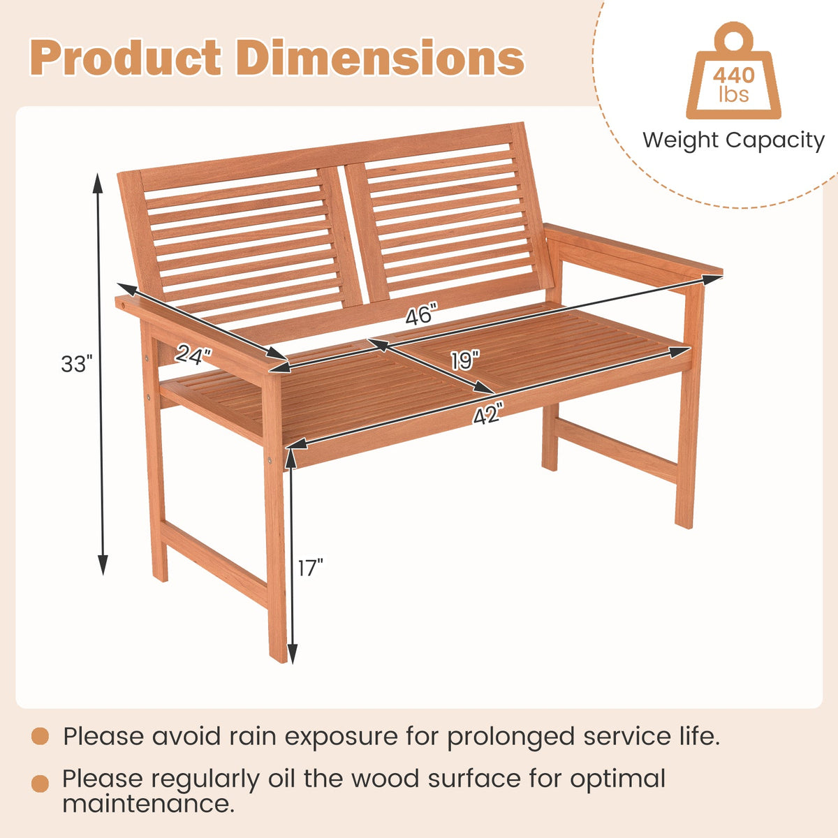 Outdoor Wooden Bench 2-Person Patio Bench with Slatted Backrest and Seat