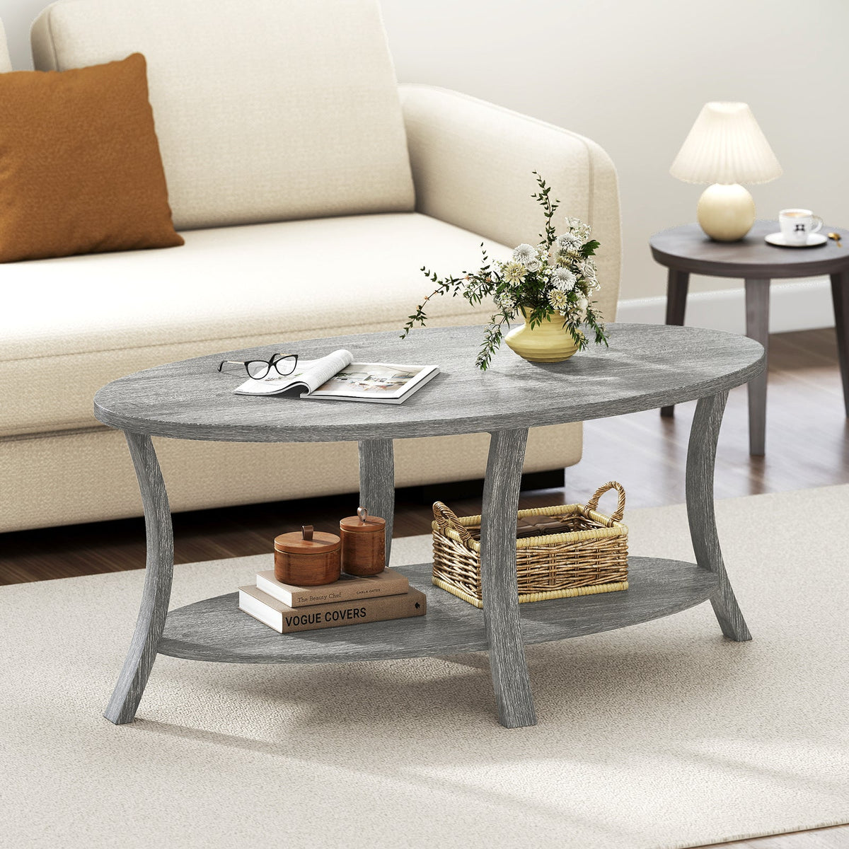 Oval Coffee Table 2-Tier Center Table with Storage Shelf-Gray