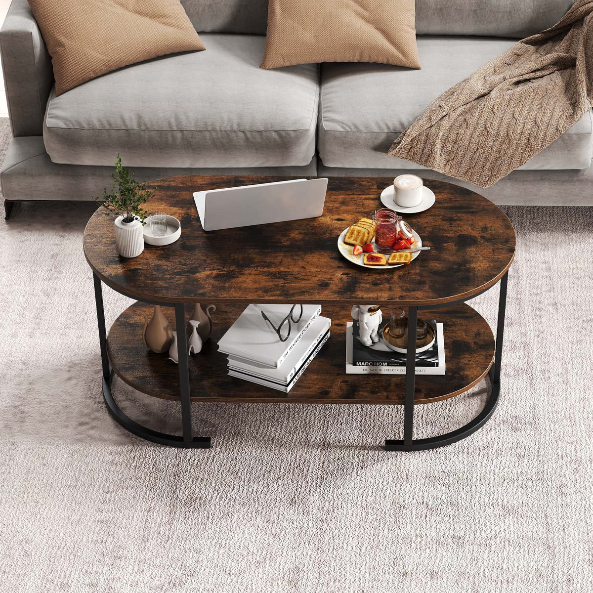 Oval Coffee Table 2-Tier Wooden Accent Table with Spacious Tabletop and Open Storage Shelf