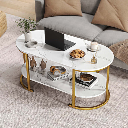Oval Coffee Table 2-Tier Wooden Accent Table with Spacious Tabletop and Open Storage Shelf