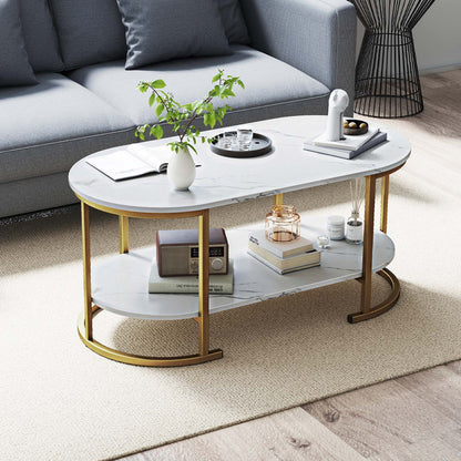 Oval Coffee Table 2-Tier Wooden Accent Table with Spacious Tabletop and Open Storage Shelf