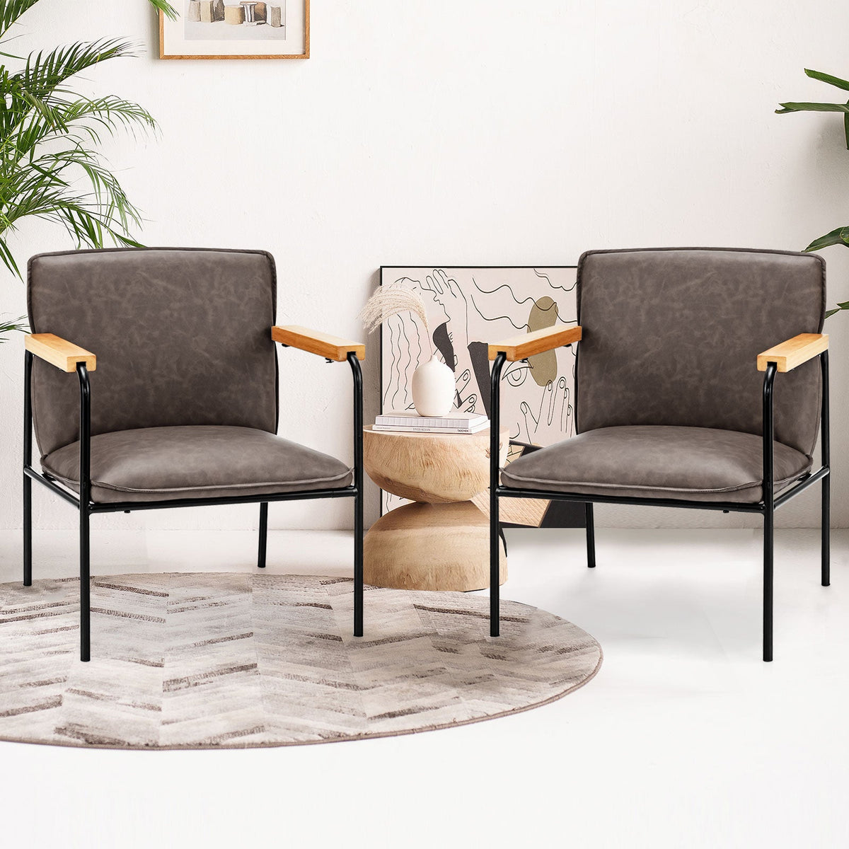 PU Leather Accent Chair with Rubber Wood Armrests