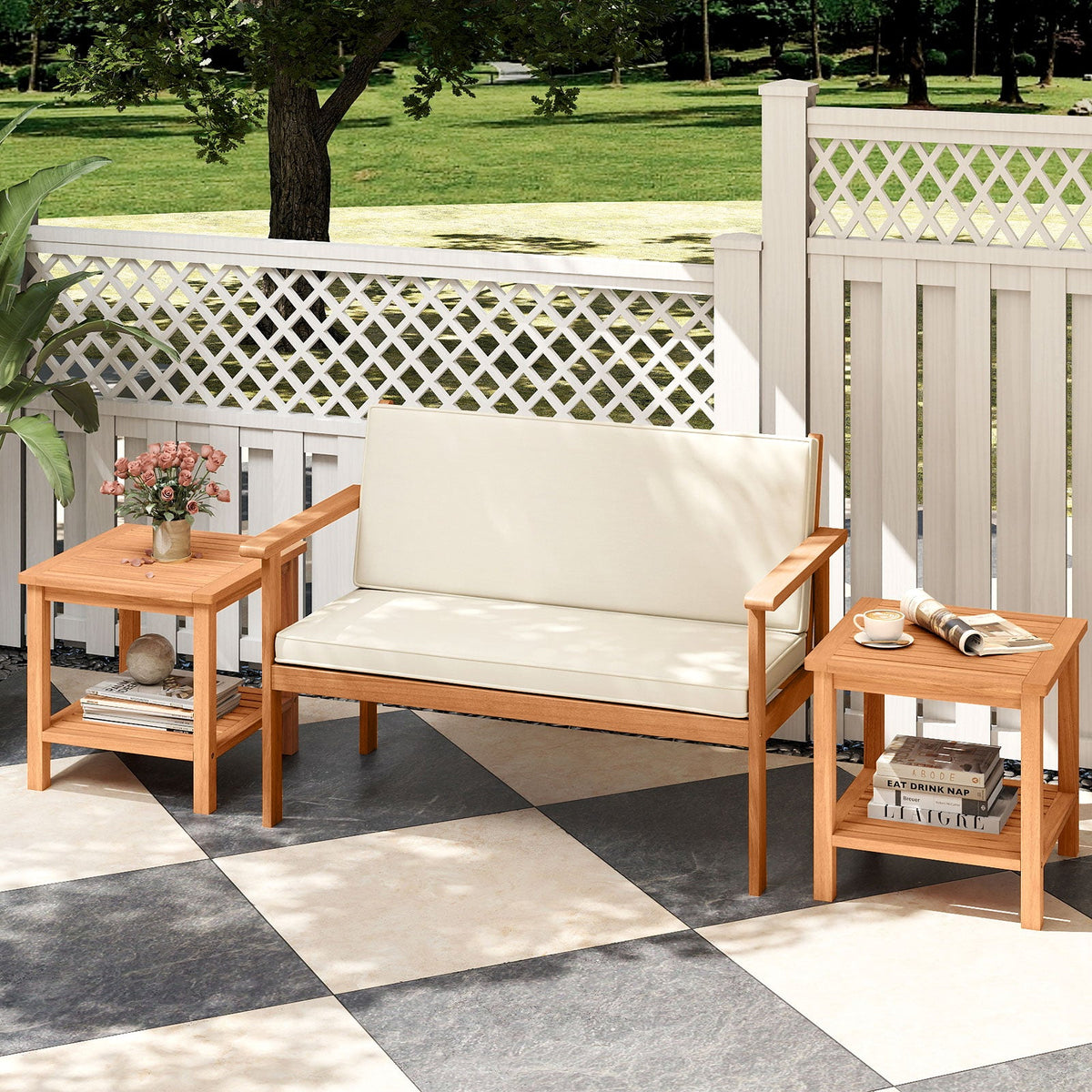 Patio Acacia Wood Side Table Set of 2 with Slatted Tabletop and Storage Shelf