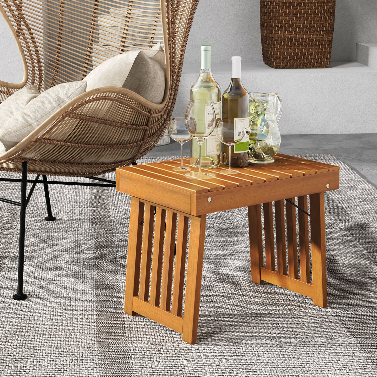 Patio Foldable Side Table with Slatted Tabletop for Backyard