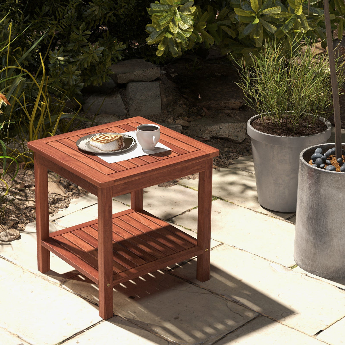 Set of 2 Double-Tier Acacia Wood Patio Side Table with Slatted Tabletop and Shelf