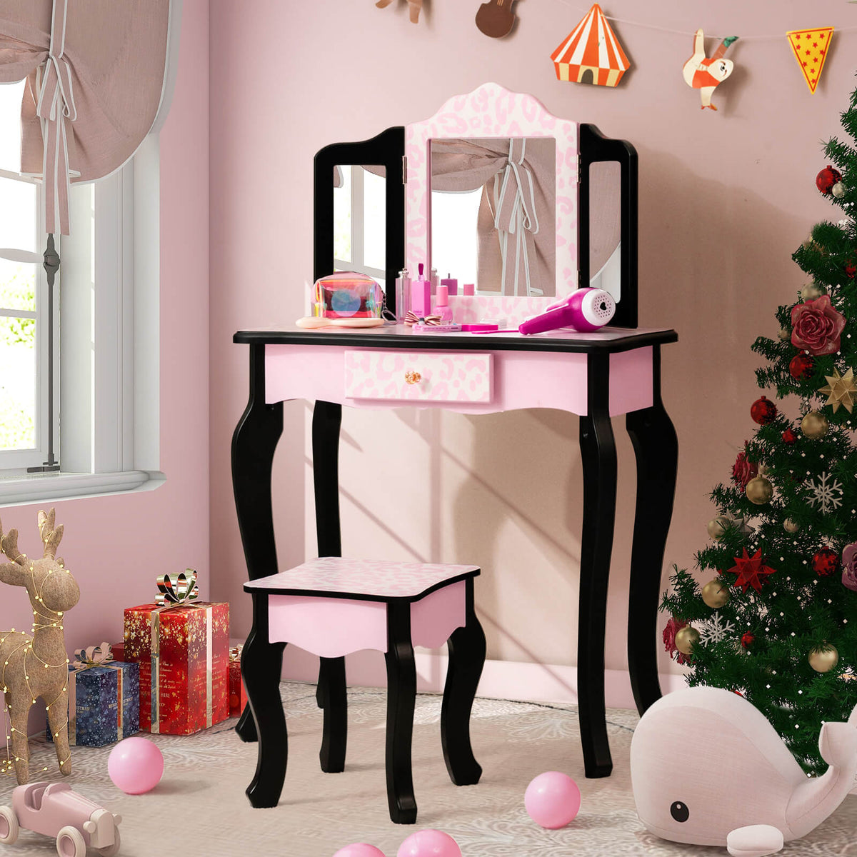 Kid Vanity Set with Tri-Folding Mirror and Leopard Print-Pink