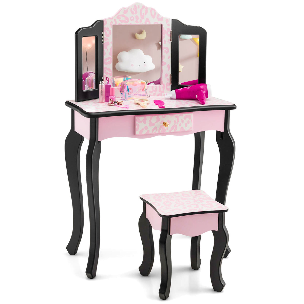 Kid Vanity Set with Tri-Folding Mirror and Leopard Print-Pink