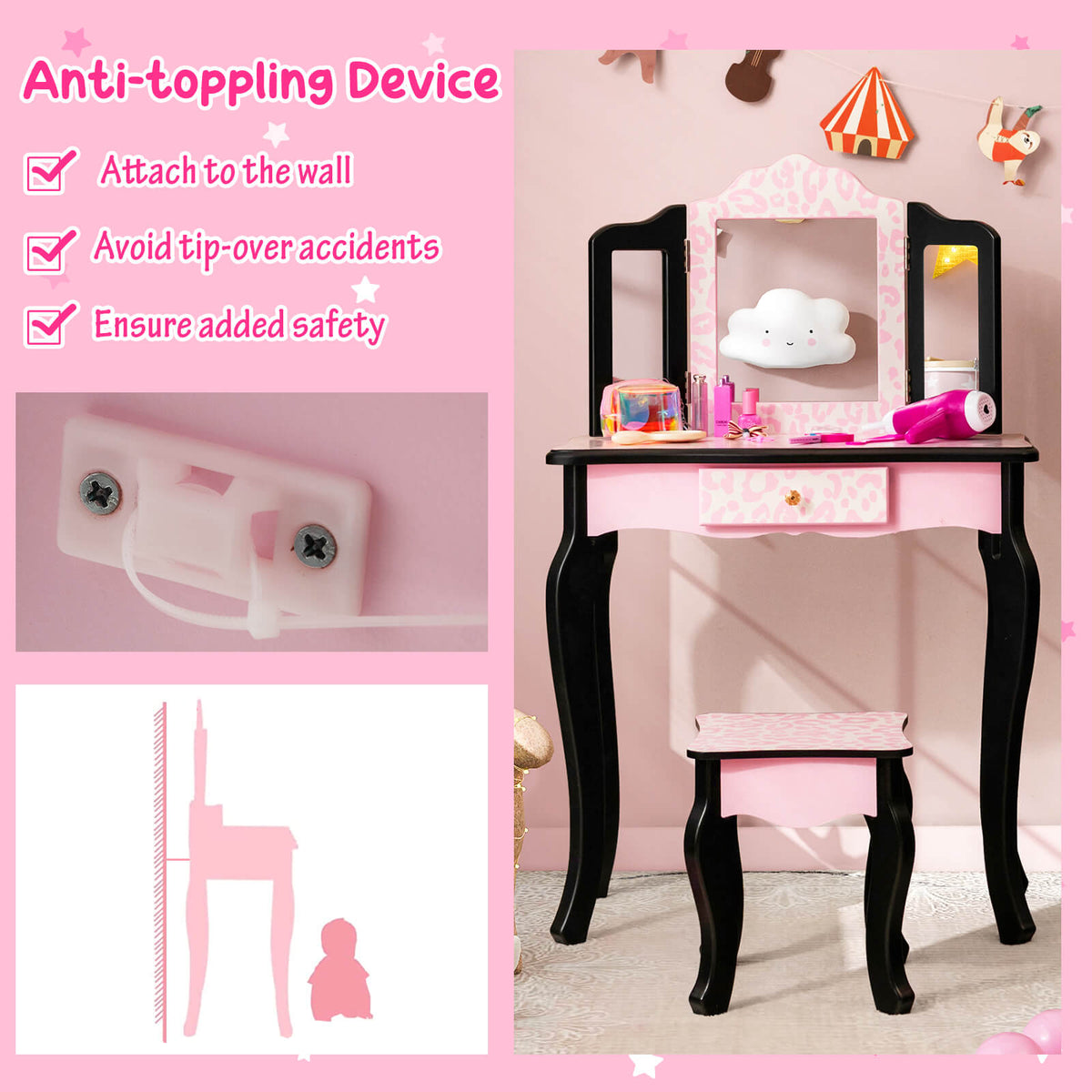 Kid Vanity Set with Tri-Folding Mirror and Leopard Print-Pink