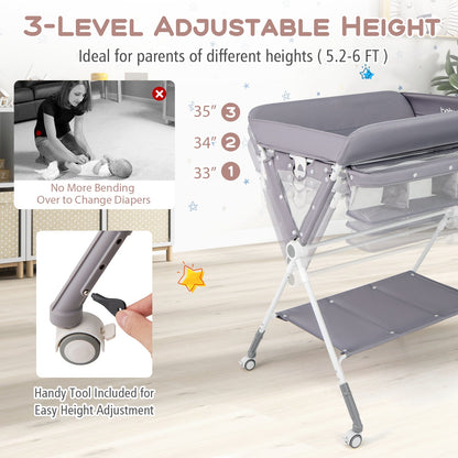 Portable Baby Changing Table with 3-Level Adjustable Height-Gray