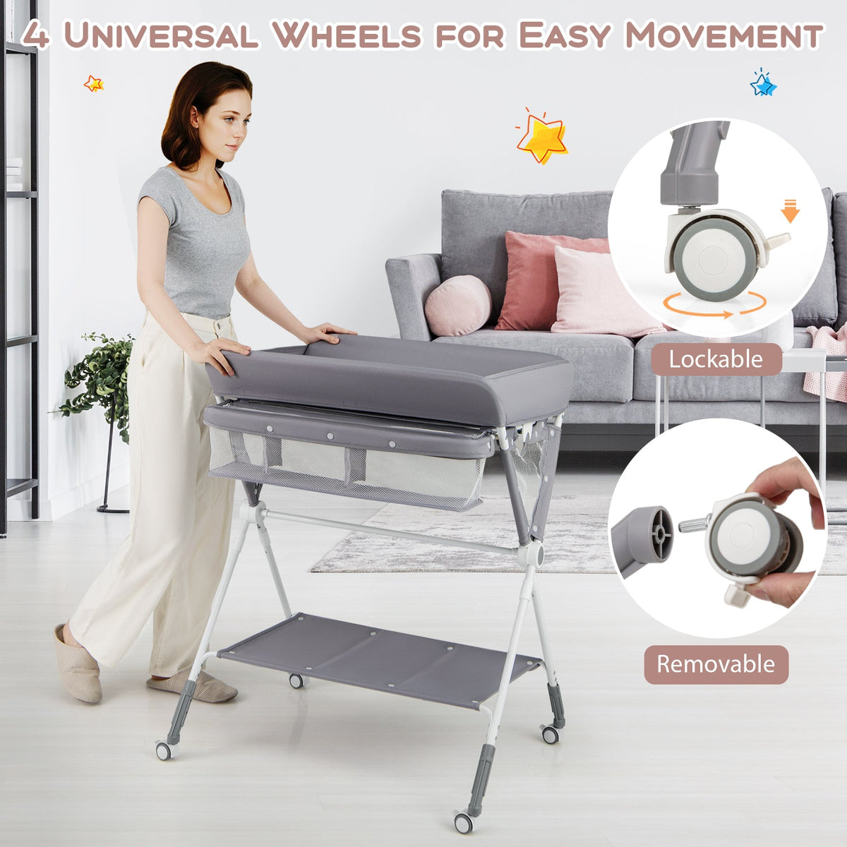 Portable Baby Changing Table with 3-Level Adjustable Height-Gray