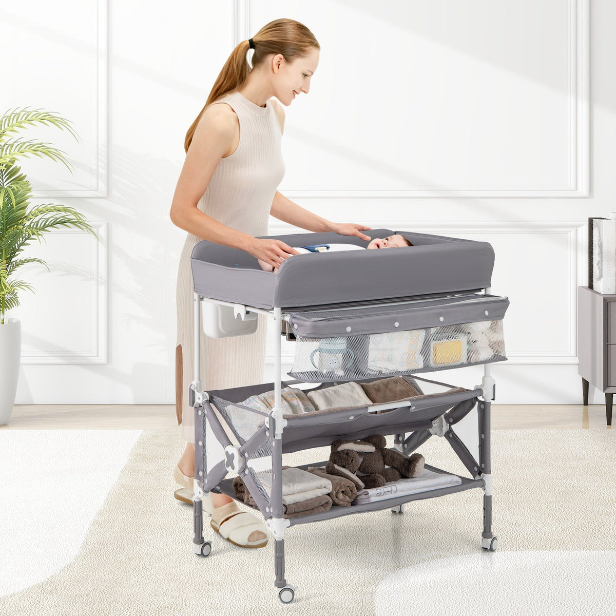 Portable Baby Changing Table with Wheels and Large Storage Rack-Gray