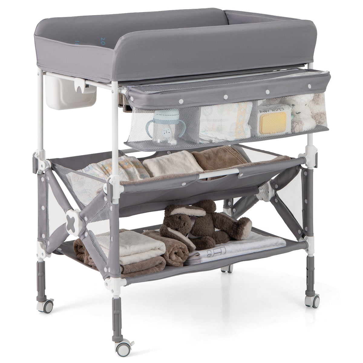 Portable Baby Changing Table with Wheels and Large Storage Rack-Gray