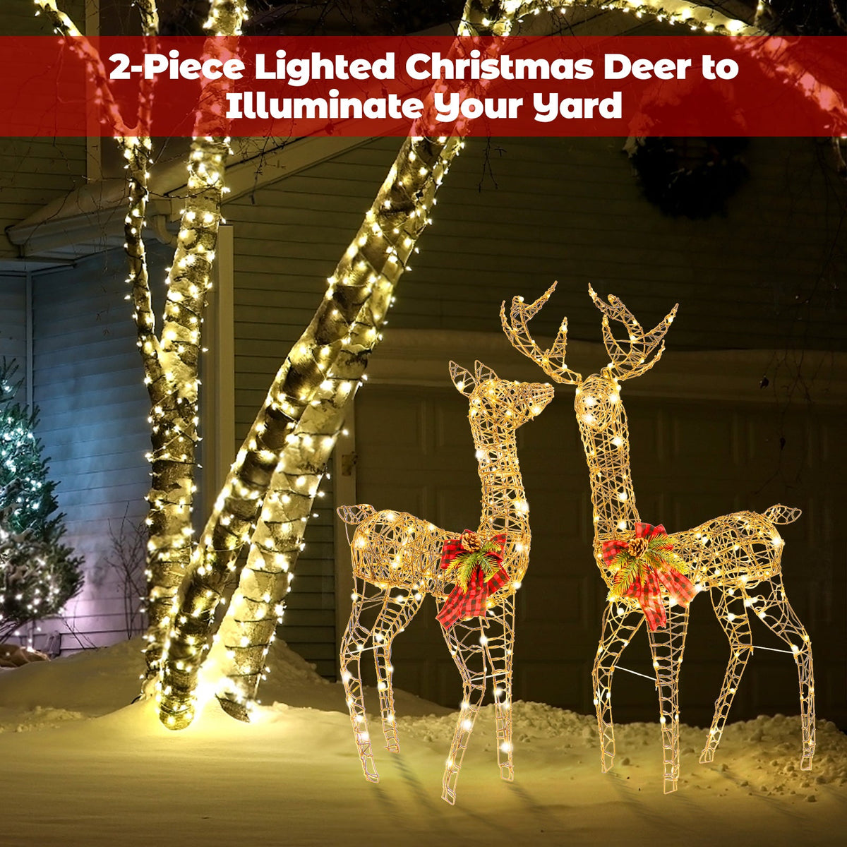 2 Pieces Lighted Reindeer Family with 200 LED Lights