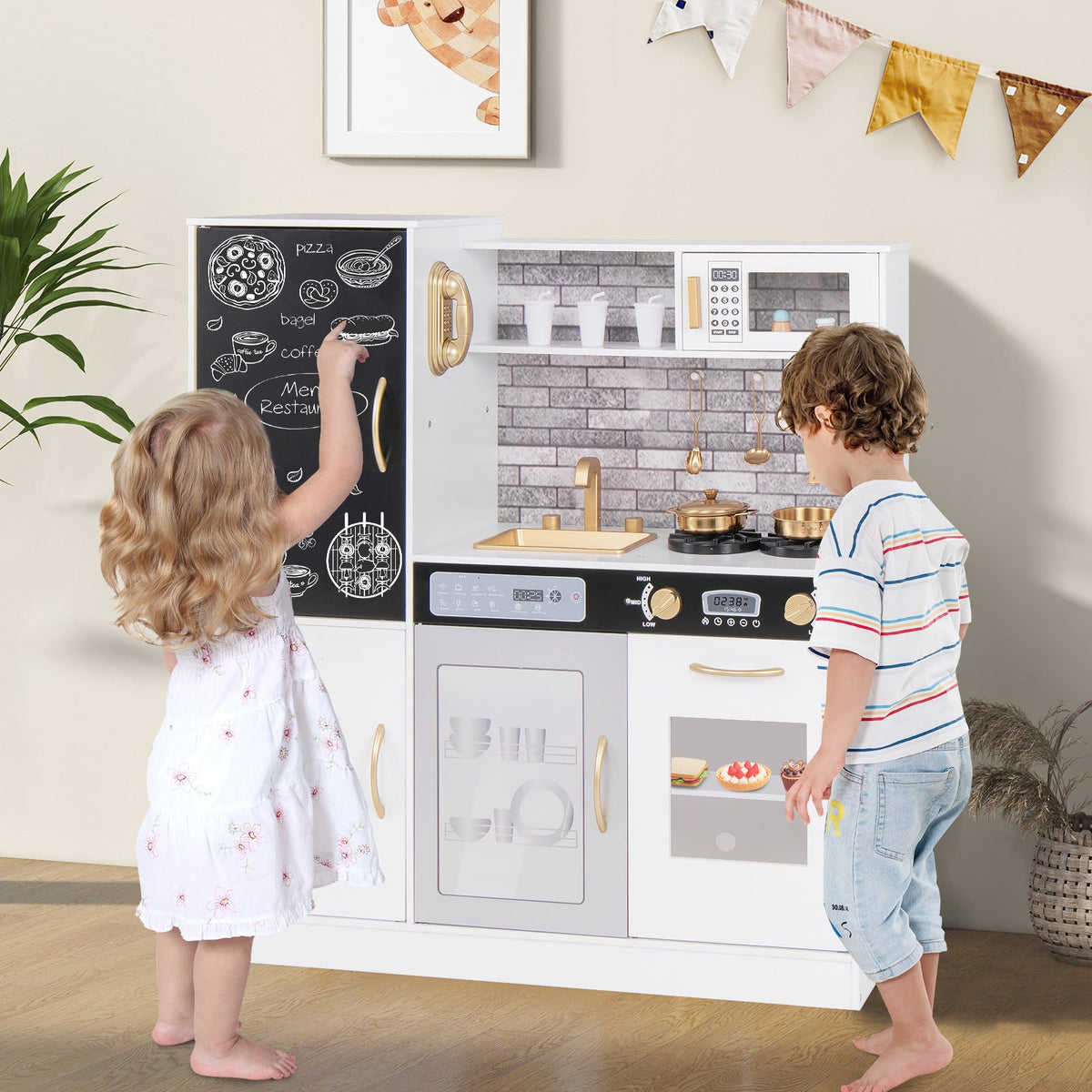 Pretend Play Kitchen with Utensils for Kids Aged 3+-White