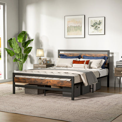 Full/Queen Industrial Bed Frame with Rustic Headboard and Footboard-Queen Size