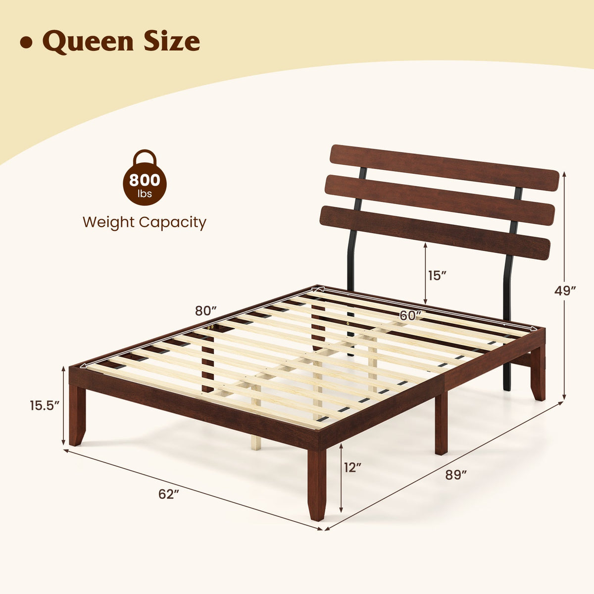 Full Size Bed Frame 15.5 Inch Solid Wood Platform Bed with Retro Headboard