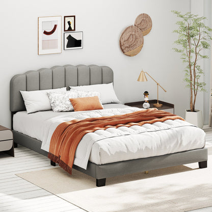 Queen Size Bed Frame with Adjustable Scalloped Tufted Headboard-Queen Size