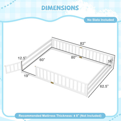 Queen Size Floor Bed Kids Montessori Bed Frame with Full Length Safety Guardrails
