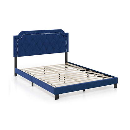 Queen Size Velvet Platform Bed with Button Tufted and Nailhead Trim Headboard-Queen Size