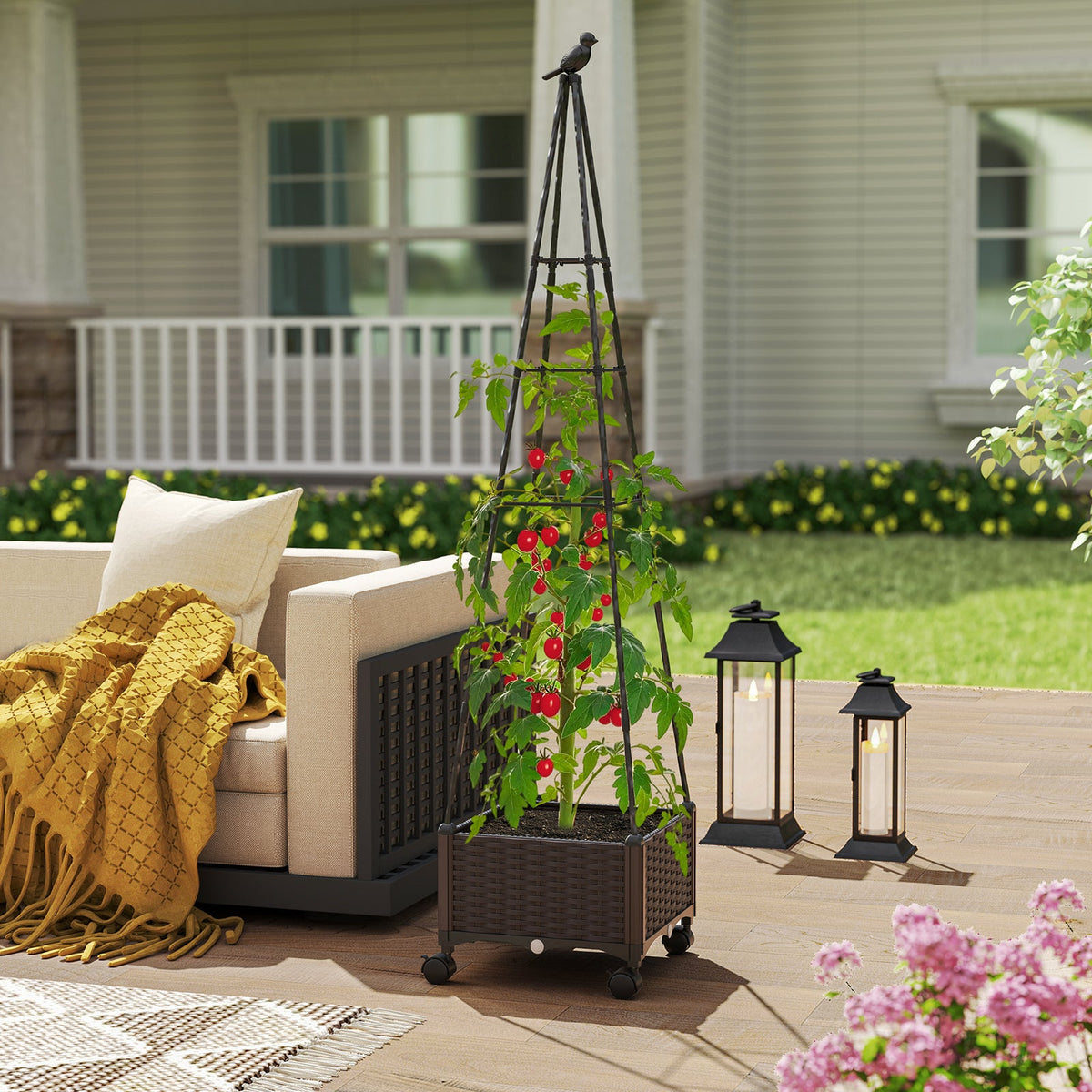 Raised Garden Bed Adjustable with Plant Box and Trellis with Lockable Wheels