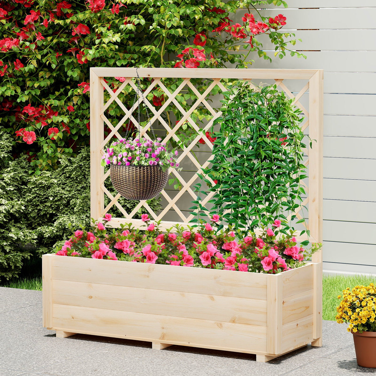 Raised Garden Bed Wooden Elevated Planter Box with Lattice Trellis-L
